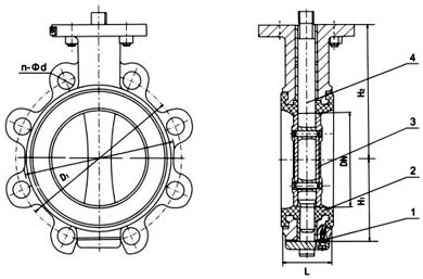 凸耳式襯膠蝶閥結構示意圖 凸耳式襯膠蝶閥結構示意圖